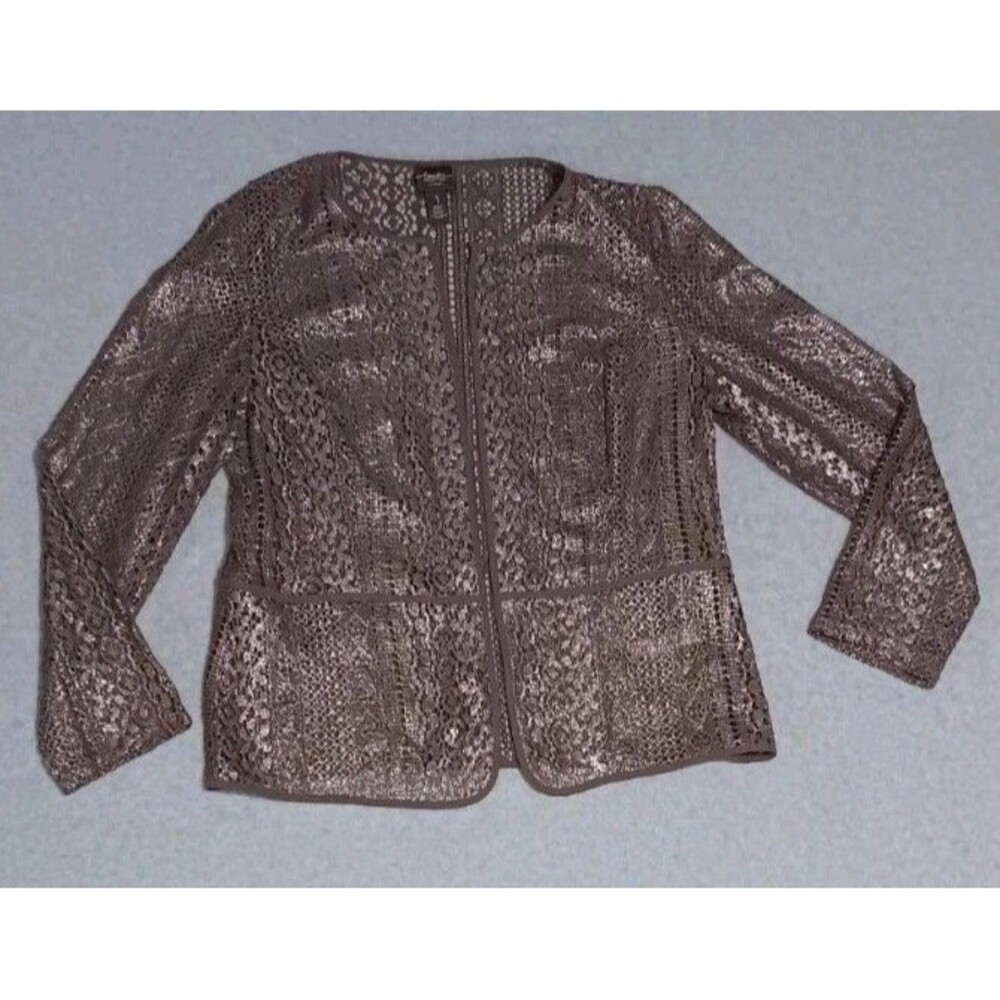 Chicos Travelers Open Front Lace Cardigan Womens Size 1 Brwon And Silver Long...